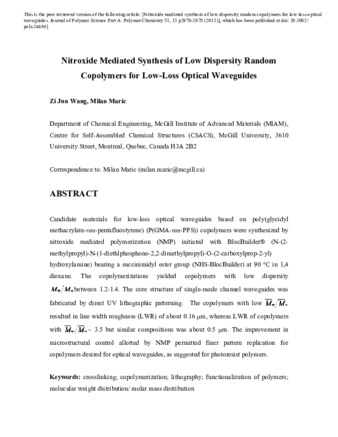 Nitroxide Mediated Synthesis of Low Dispersity Random Copolymers for Low-Loss Optical Waveguides thumbnail