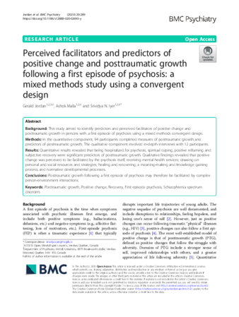 Perceived facilitators and predictors of positive change and posttraumatic growth following a first episode of psychosis: a mixed methods study using a convergent design thumbnail