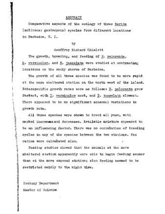 Comparative aspects of the ecology of three Nerita Mollusca : gastropoda species from different locations in Barbados, W.I. thumbnail