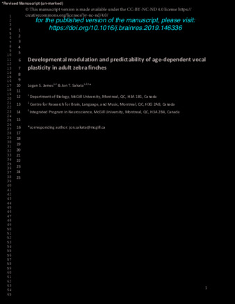 Developmental modulation and predictability of age-dependent vocal plasticity in adult zebra finches thumbnail