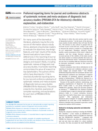 Preferred reporting items for journal and conference abstracts of systematic reviews and meta-analyses of diagnostic test accuracy studies (PRISMA-DTA for Abstracts): checklist, explanation, and elaboration thumbnail