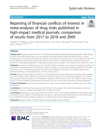 Reporting of financial conflicts of interest in meta-analyses of drug trials published in high-impact medical journals: comparison of results from 2017 to 2018 and 2009 thumbnail