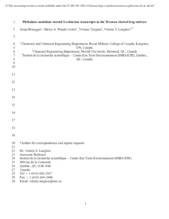 Phthalates modulate steroid 5-reductase transcripts in the Western clawed frog embryo thumbnail