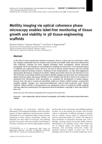 Motility imaging via optical coherence phase microscopy enables label-free monitoring of tissue growth and viability in 3D tissue-engineering scaffolds thumbnail