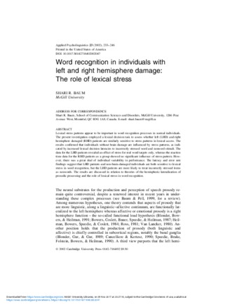 Word recognition in individuals with left and right hemisphere damage: The role of lexical stress thumbnail