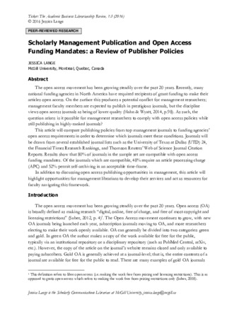 Scholarly Management Publication and Open Access Funding Mandates: a Review of Publisher Policies thumbnail