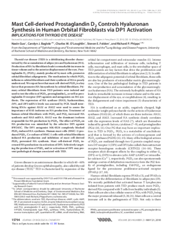 Mast cell-derived prostaglandin D2 controls hyaluronan synthesis in human orbital fibroblasts via DP1 activation: implications for thyroid eye disease thumbnail