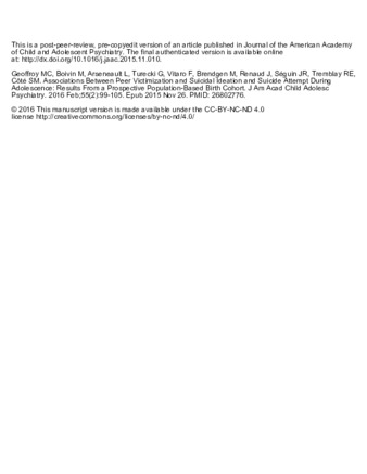 Associations Between Peer Victimization and Suicidal Ideation and Suicide Attempt During Adolescence: Results From a Prospective Population-Based Birth Cohort thumbnail