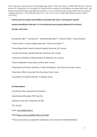 Painful and non-painful comorbidities associated with short- and long-term painful temporomandibular disorders: A cross-sectional study among adolescents from Brazil, Canada and France thumbnail