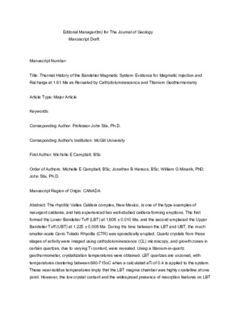 Thermal history of the Bandelier magmatic system: evidence for magmatic injection and recharge at 1.61 Ma as revealed by cathodoluminescence and titanium geothermometry thumbnail