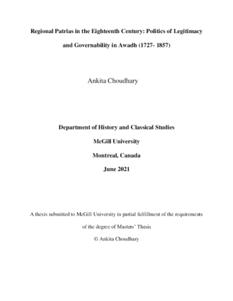 Regional patrias in the eighteenth century: Politics of legitimacy and governability in Awadh (1727-1857) thumbnail