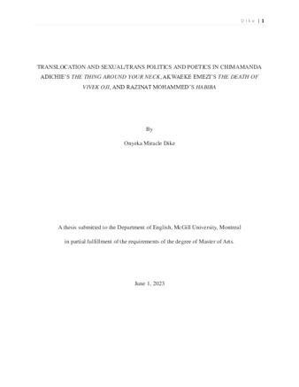 Translocation and Sexual/Trans Politics and Poetics in Chimamanda Adichie’s The Thing Around Your Neck, Akwaeke Emezi’s The Death of Vivek Oji, and Razinat Mohammed’s Habiba thumbnail