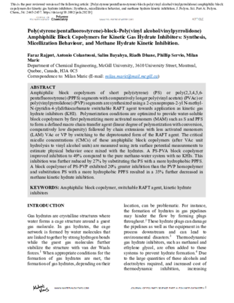 Poly(styrene/pentafluorostyrene)-block-poly(vinyl alcohol/vinylpyrrolidone) amphiphilic block copolymers for kinetic gas hydrate inhibitors: Synthesis, micellization behavior, and methane hydrate kinetic inhibition thumbnail