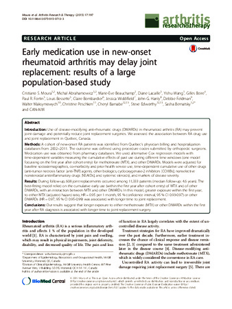 Early medication use in new-onset rheumatoid arthritis may delay joint replacement: results of a large population-based study thumbnail