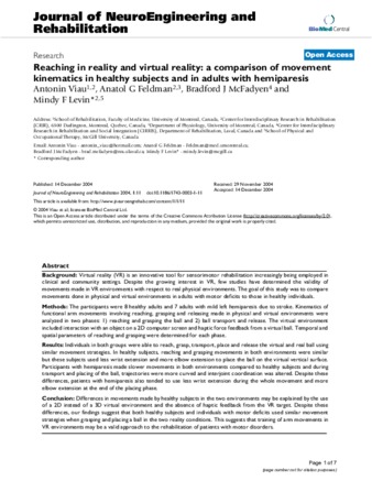 Reaching in reality and virtual reality: a comparison of movement kinematics in healthy subjects and in adults with hemiparesis thumbnail