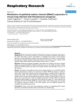 Modulation of epithelial sodium channel (ENaC) expression in mouse lung infected with Pseudomonas aeruginosa thumbnail