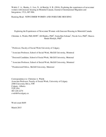 Exploring the Experiences of Newcomer Women with Insecure Housing in Montréal Canada thumbnail