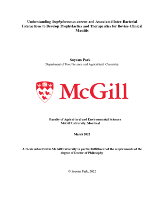 Understanding «Staphylococcus aureus» and associated inter-bacterial interactions to develop prophylactics and therapeutics for bovine clinical mastitis thumbnail