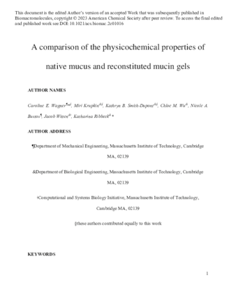 Comparison of Physicochemical Properties of Native Mucus and Reconstituted Mucin Gels thumbnail