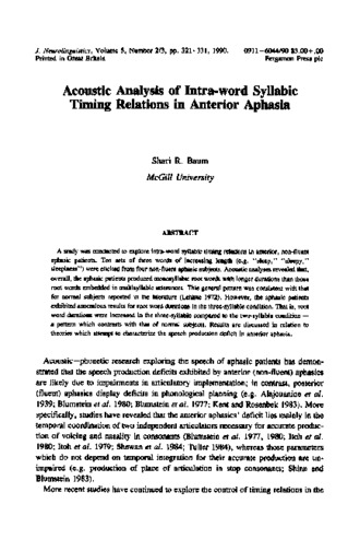 Acoustic analysis of intra-word syllabic timing relations in anterior aphasia thumbnail