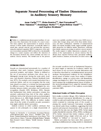 Separate Neural Processing of Timbre Dimensions in Auditory Sensory Memory thumbnail