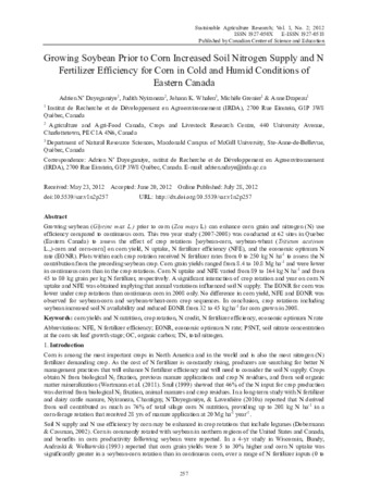 Growing Soybean Prior to Corn Increased Soil Nitrogen Supply and N Fertilizer Efficiency for Corn in Cold and Humid Conditions of Eastern Canada thumbnail