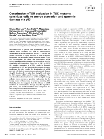 Constitutive mTOR activation in TSC mutants sensitizes cells to energy starvation and genomic damage via p53 thumbnail