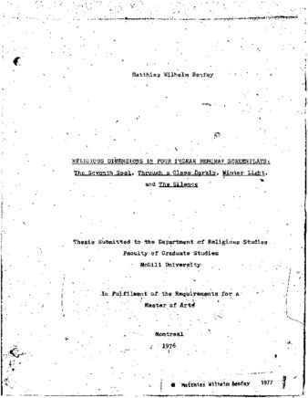 Religious dimensions in four Ingmar Bergman screenplays. The seventh seal, Through a glass darkly, Winter light, and The silence thumbnail