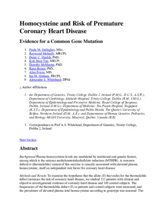 Homocysteine and Risk of Premature Coronary Heart Disease Evidence for a Common Gene Mutation thumbnail