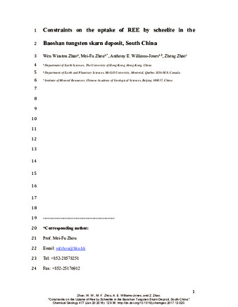 Constraints on the uptake of REE by scheelite in the Baoshan tungsten skarn deposit, South China thumbnail