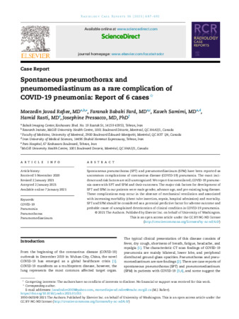 Spontaneous pneumothorax and pneumomediastinum as a rare complication of COVID-19 pneumonia: Report of 6 cases thumbnail