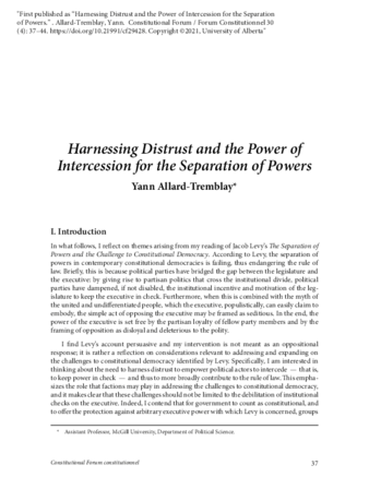 Harnessing Distrust and the Power of Intercession for the Separation of Powers thumbnail