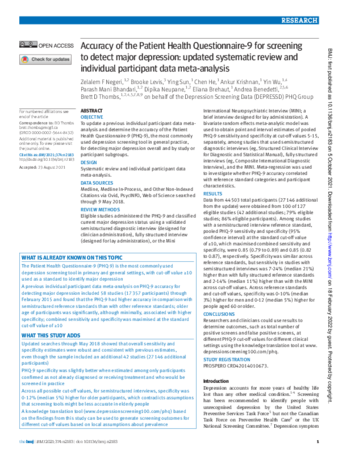 Accuracy of the Patient Health Questionnaire-9 for screening to detect major depression: updated systematic review and individual participant data meta-analysis thumbnail