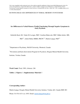 Sex Differences in Verbal Memory Predict Functioning Through Negative Symptoms in Early Psychosis thumbnail