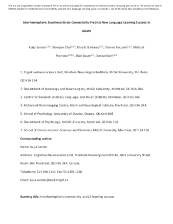 Interhemispheric functional brain connectivity predicts new language learning success in adults thumbnail