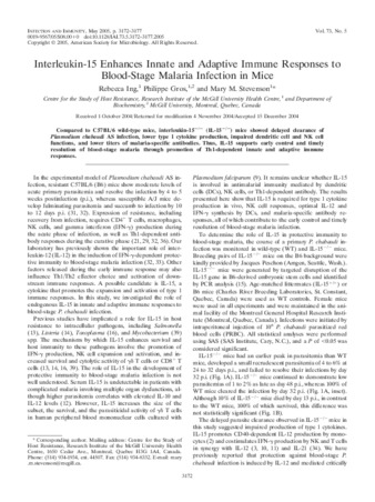 Interleukin-15 enhances innate and adaptive immune responses to blood-stage malaria infection in mice thumbnail