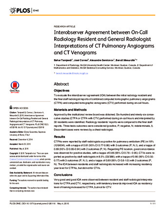 Interobserver Agreement between On-Call Radiology Resident and General Radiologist Interpretations of CT Pulmonary Angiograms and CT Venograms thumbnail