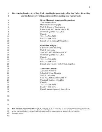 Overcoming barriers to cycling: understanding frequency of cycling in a University setting and the factors preventing commuters from cycling on a regular basis thumbnail