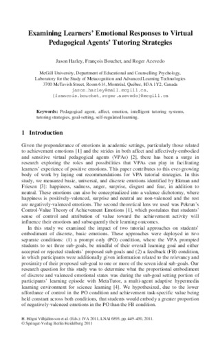 Examining Learners’ Emotional Responses to Virtual Pedagogical Agents’ Tutoring Strategies thumbnail