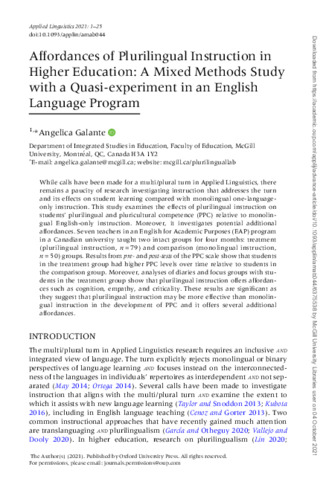 Affordances of Plurilingual Instruction in Higher Education: A Mixed Methods Study with a Quasi-experiment in an English Language Program thumbnail