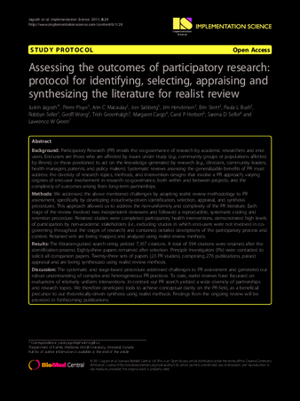 Assessing the outcomes of participatory research: protocol for identifying, selecting, appraising and synthesizing the literature for realist review thumbnail