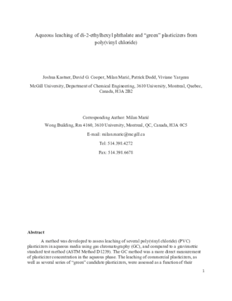 Aqueous leaching of di-2-ethylhexyl phthalate and “green” plasticizers from poly(vinyl chloride) thumbnail