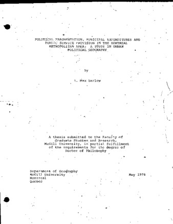 Political fragmentation, municipal expenditures, and public service provision in the Montreal metropolitan area : a study in urban political geography thumbnail