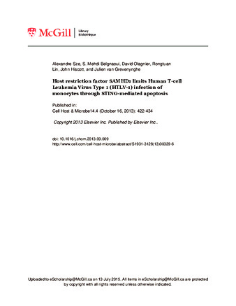 Host restriction factor SAMHD1 limits Human T-cell Leukemia Virus Type 1 (HTLV-1) infection of monocytes through STING-mediated apoptosis thumbnail