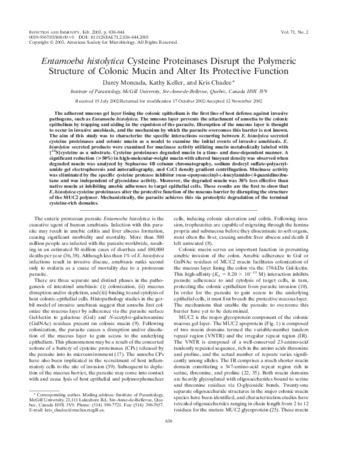 Entamoeba histolytica cysteine proteinases disrupt the polymeric structure of colonic mucin and alter its protective function thumbnail