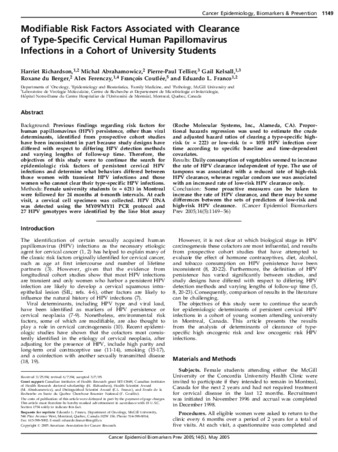 Modifiable risk factors associated with clearance of type-specific cervical human papillomavirus infections in a cohort of university students thumbnail