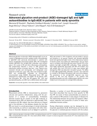 Advanced glycation end-product (AGE)-damaged IgG and IgM autoantibodies to IgG-AGE in patients with early synovitis thumbnail