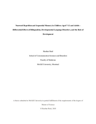 Nonword repetition and sequential memory in children aged 7-12 and adults – differential effects of bilingualism, developmental language disorders, and the role of development thumbnail