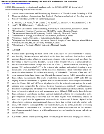 Altered neurotransmission and neuroimaging biomarkers of chronic arsenic poisoning in wild muskrats (Ondatra zibethicus) and red squirrels (Tamiasciurus hudsonicus) breeding near the City of Yellowknife, Northwest Territories (Canada) thumbnail
