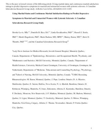 Using Marital Status and Continuous Marital Satisfaction Ratings to Predict Depressive Symptoms in Married and Unmarried Women With Systemic Sclerosis: A Canadian Scleroderma Research Group Study thumbnail